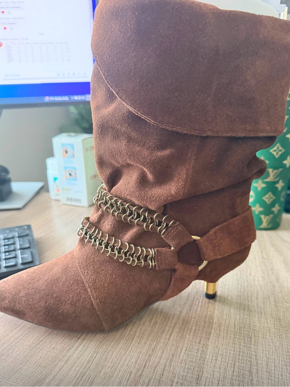 Brown Suede Chain-Accent Ankle Bootie